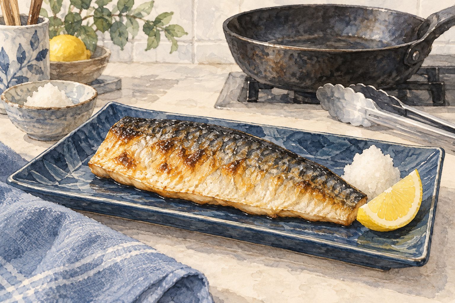 香ばしく焼いた魚の切り身と大根おろし、フライパンを描いたイラスト