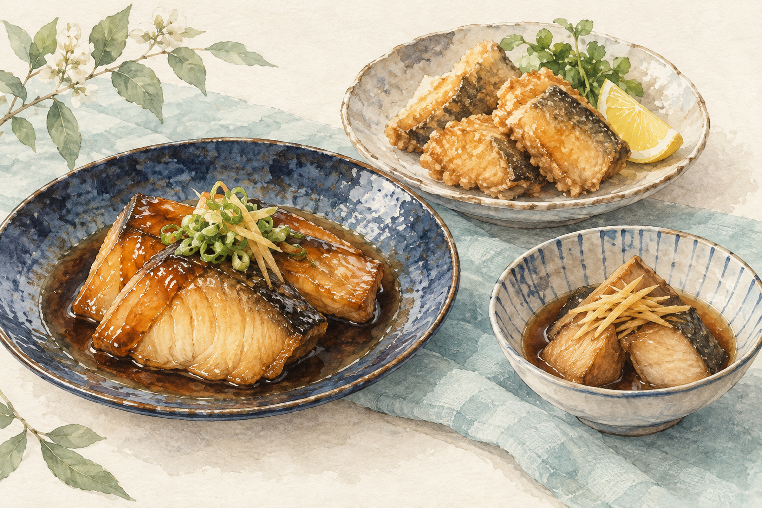 照り焼き、竜田揚げ、しょうが煮の盛り付けを表した料理のイラスト