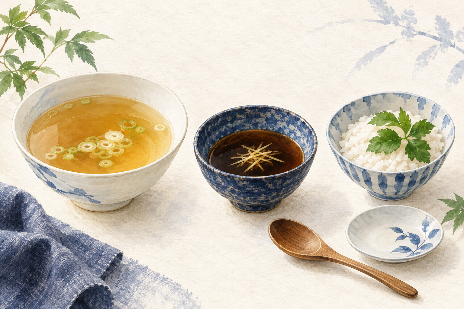 汁物、しょうがを添えた器、ご飯の器を並べたイラスト